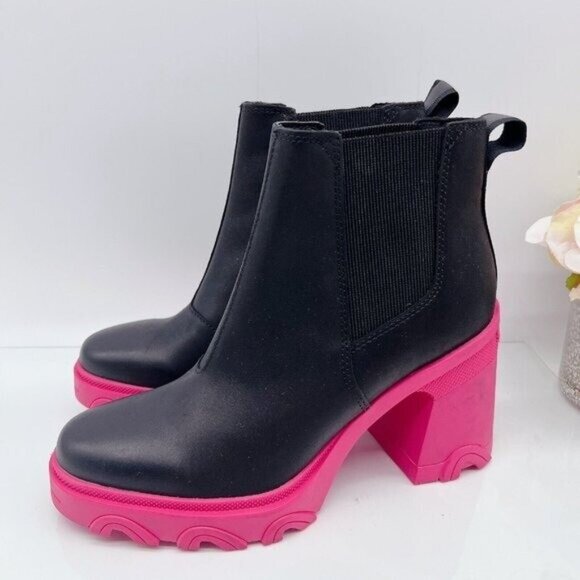 Sorel Brex Waterproof Platform Heel Chelsea Boot Bootie Black/Cactus Pink US 8 - Picture 3 of 9